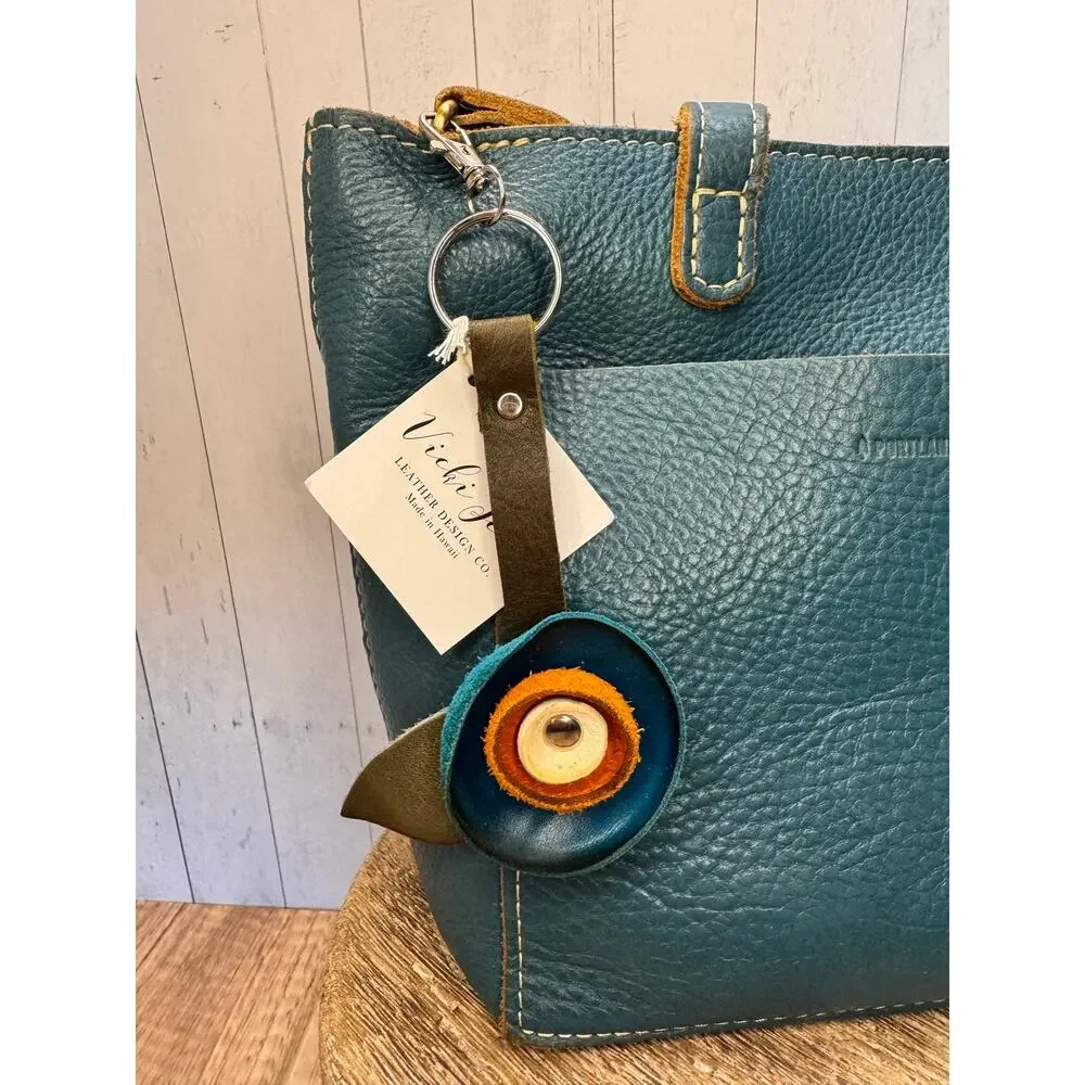 Genuine Leather Round Flower Purse Charm Bright Blue Orange White Boho Bag Charm
